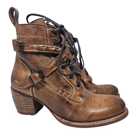 Bed Stu 7 Allie Ankle Boot Brown Leather Lace Up Buckle Western Boho Cowgirl - Picture 1 of 6